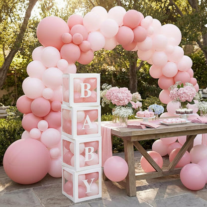 170Pcs Coquette Pink Bow Baby Shower Decorations for Girl - Soft Pink Balloon Arch Garland Kit with 4 Baby Boxes - DIY Long Balloons for Bows, Princess Birthday Party Supplies, Gender Reveal