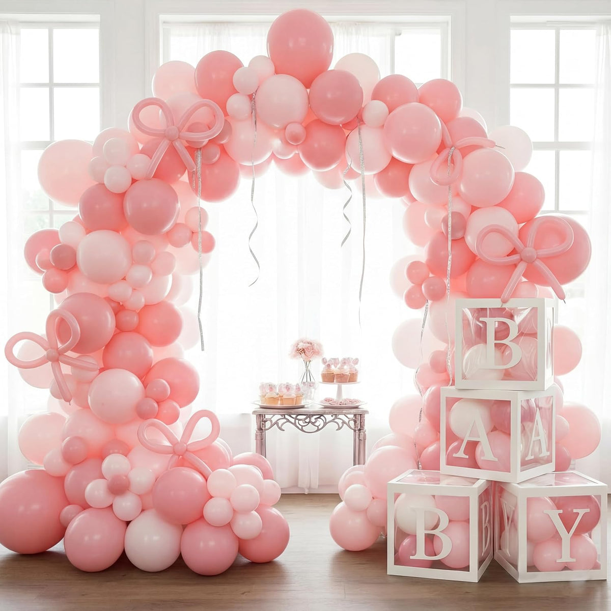 170Pcs Coquette Pink Bow Baby Shower Decorations for Girl - Soft Pink Balloon Arch Garland Kit with 4 Baby Boxes - DIY Long Balloons for Bows, Princess Birthday Party Supplies, Gender Reveal