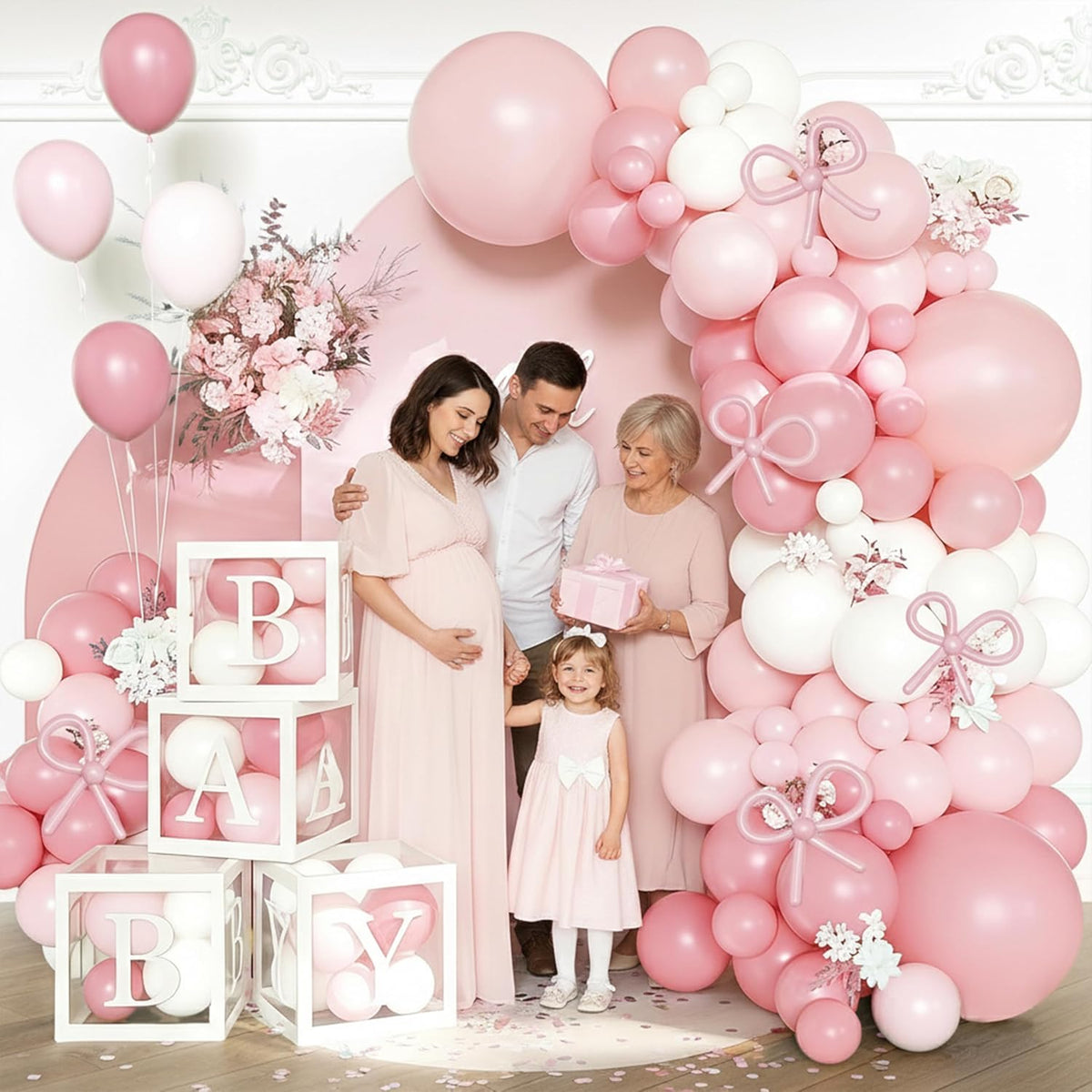 170Pcs Coquette Pink Bow Baby Shower Decorations for Girl - Soft Pink Balloon Arch Garland Kit with 4 Baby Boxes - DIY Long Balloons for Bows, Princess Birthday Party Supplies, Gender Reveal