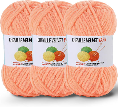 3 * 100g/3.5oz Fluffy Chenille Yarn for Crocheting, Chunky Velvet Yarn for Crochet Amigurumi, Used for Making Baby Yarns Blanket, Clothes, Pattern Knitting Creations (Apricot Color)