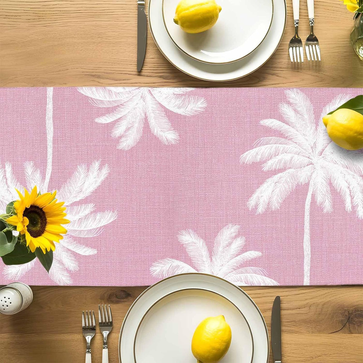 Peach Pink Palm Tree Table Runner 90 Inches, Summer Botancial Tropical Farmhouse Bed Runner Dresser Scarves Tabletop for Indoor Outdoor Parties/Ceremony/Banquet, 13 x 90