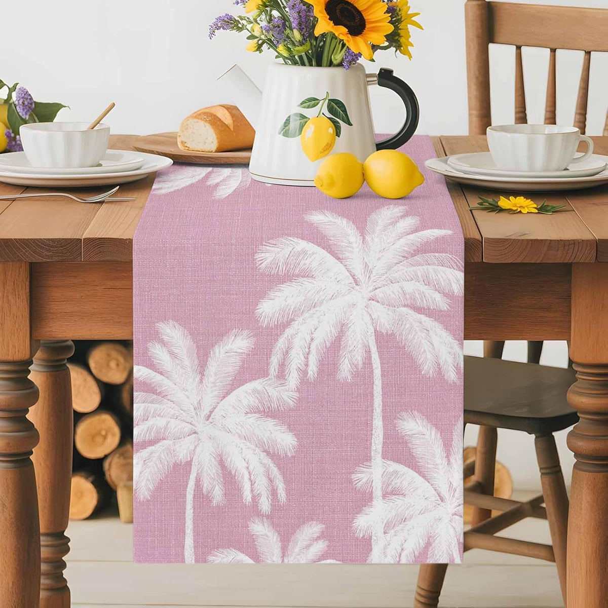 Peach Pink Palm Tree Table Runner 90 Inches, Summer Botancial Tropical Farmhouse Bed Runner Dresser Scarves Tabletop for Indoor Outdoor Parties/Ceremony/Banquet, 13 x 90