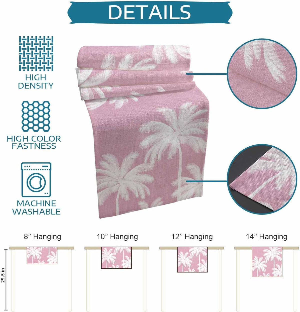 Peach Pink Palm Tree Table Runner 90 Inches, Summer Botancial Tropical Farmhouse Bed Runner Dresser Scarves Tabletop for Indoor Outdoor Parties/Ceremony/Banquet, 13 x 90