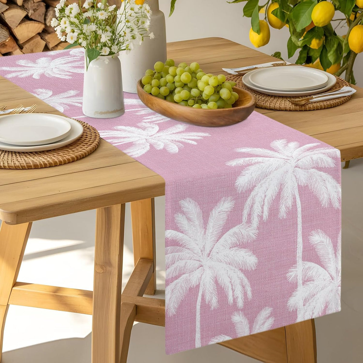 Peach Pink Palm Tree Table Runner 90 Inches, Summer Botancial Tropical Farmhouse Bed Runner Dresser Scarves Tabletop for Indoor Outdoor Parties/Ceremony/Banquet, 13 x 90