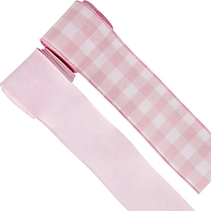 Meseey 1.5 Inch Pink Wired Ribbon Set, 2 Rolls Total 10 Yards Solid Light Pink & Pink White Buffalo Check Wired Edge Ribbon for Wreaths, Bows, Gift Wrapping, Baby Shower & Spring Decor