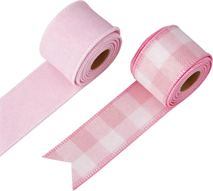 Meseey 1.5 Inch Pink Wired Ribbon Set, 2 Rolls Total 10 Yards Solid Light Pink & Pink White Buffalo Check Wired Edge Ribbon for Wreaths, Bows, Gift Wrapping, Baby Shower & Spring Decor