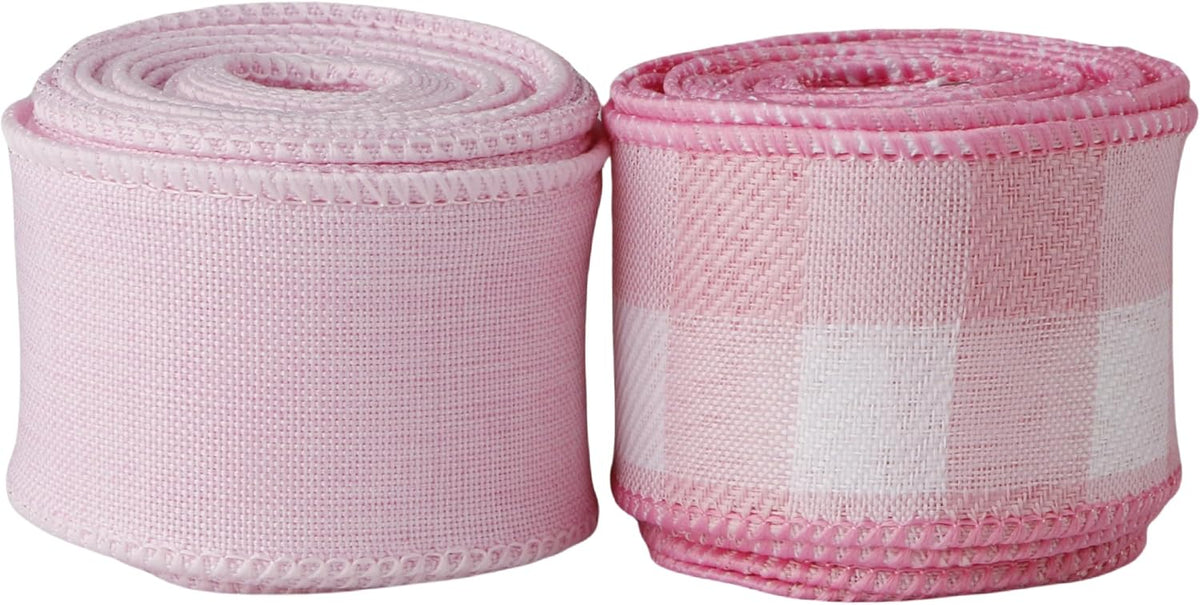 Meseey 1.5 Inch Pink Wired Ribbon Set, 2 Rolls Total 10 Yards Solid Light Pink & Pink White Buffalo Check Wired Edge Ribbon for Wreaths, Bows, Gift Wrapping, Baby Shower & Spring Decor