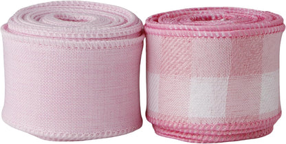 Meseey 1.5 Inch Pink Wired Ribbon Set, 2 Rolls Total 10 Yards Solid Light Pink & Pink White Buffalo Check Wired Edge Ribbon for Wreaths, Bows, Gift Wrapping, Baby Shower & Spring Decor