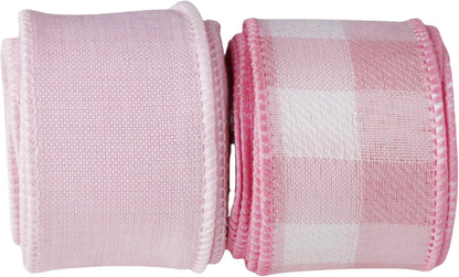 Meseey 1.5 Inch Pink Wired Ribbon Set, 2 Rolls Total 10 Yards Solid Light Pink & Pink White Buffalo Check Wired Edge Ribbon for Wreaths, Bows, Gift Wrapping, Baby Shower & Spring Decor