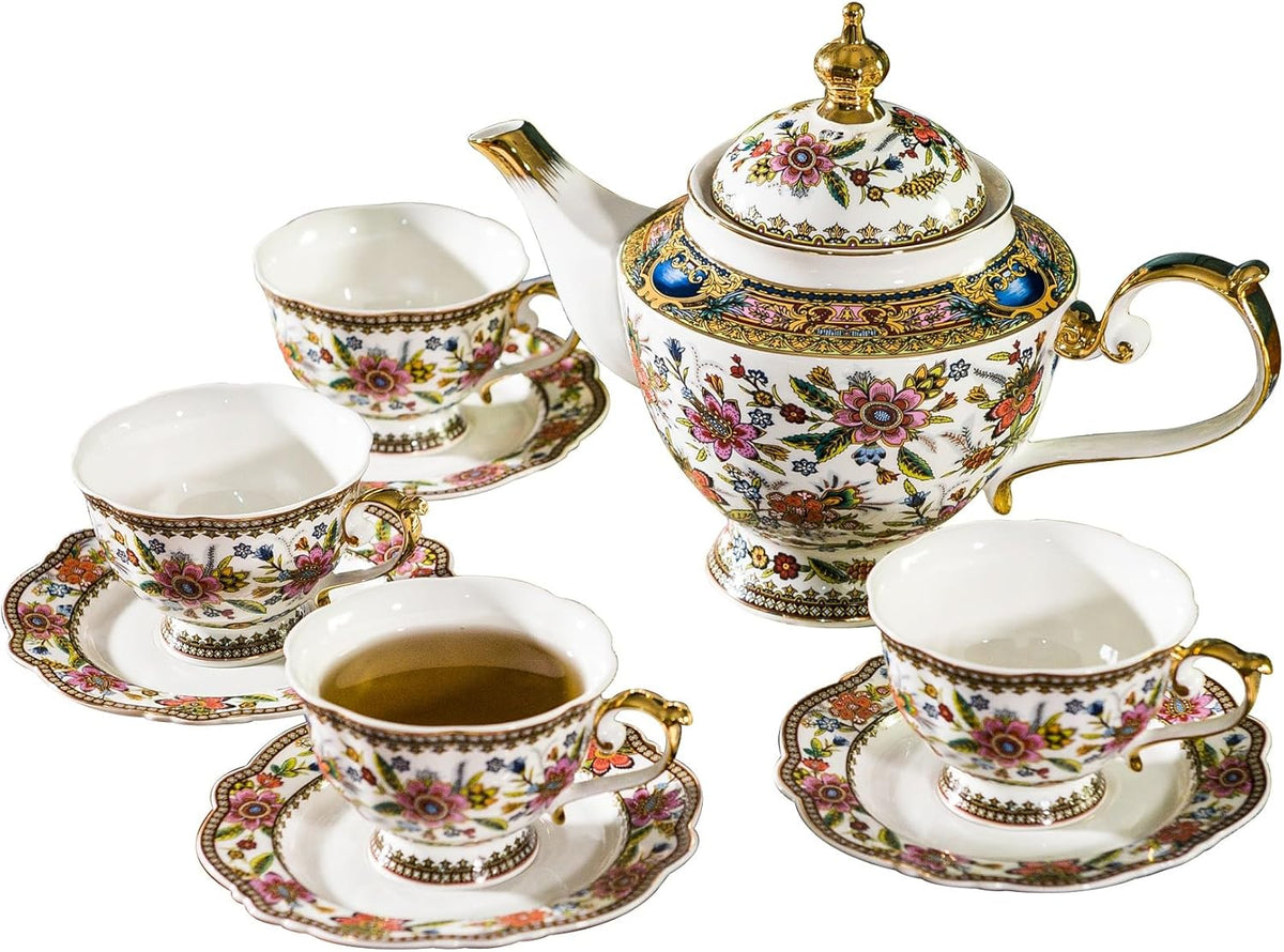 Fine Bone China Tea Set, 13-Piece English Tea Set for Adults, Afternoon Tea Sets for Women Tea Party or Gift Giving, Pink and Gold