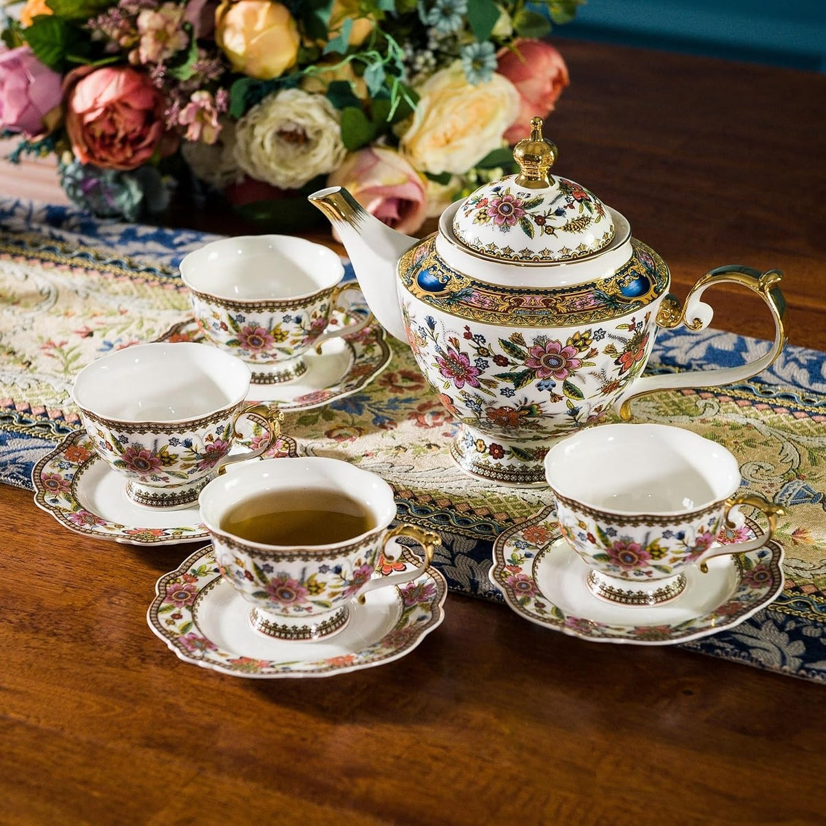 Fine Bone China Tea Set, 13-Piece English Tea Set for Adults, Afternoon Tea Sets for Women Tea Party or Gift Giving, Pink and Gold