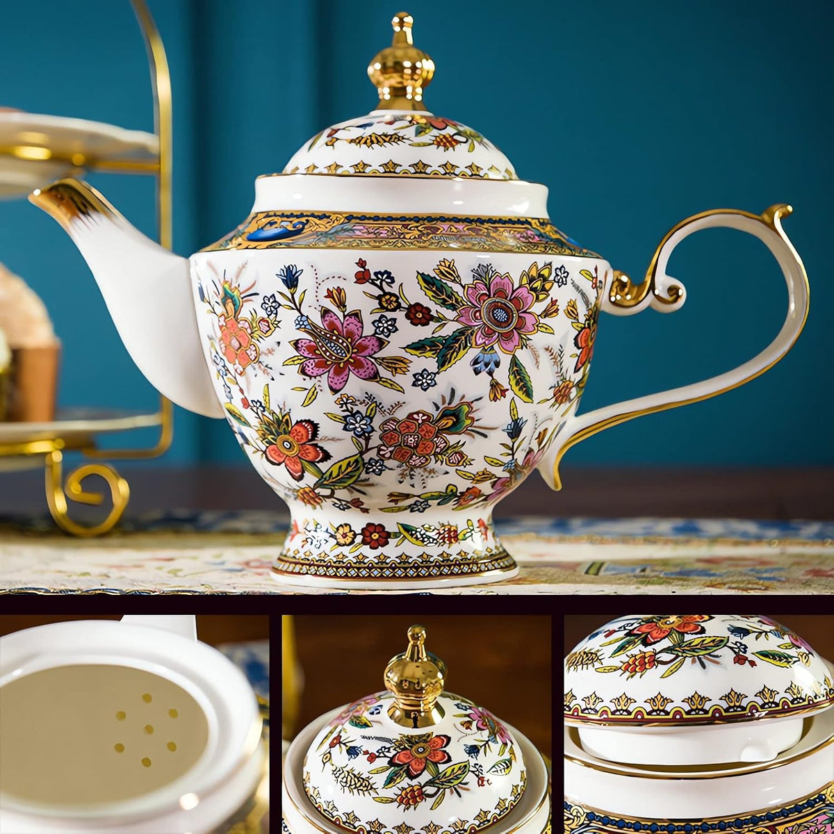 Fine Bone China Tea Set, 13-Piece English Tea Set for Adults, Afternoon Tea Sets for Women Tea Party or Gift Giving, Pink and Gold