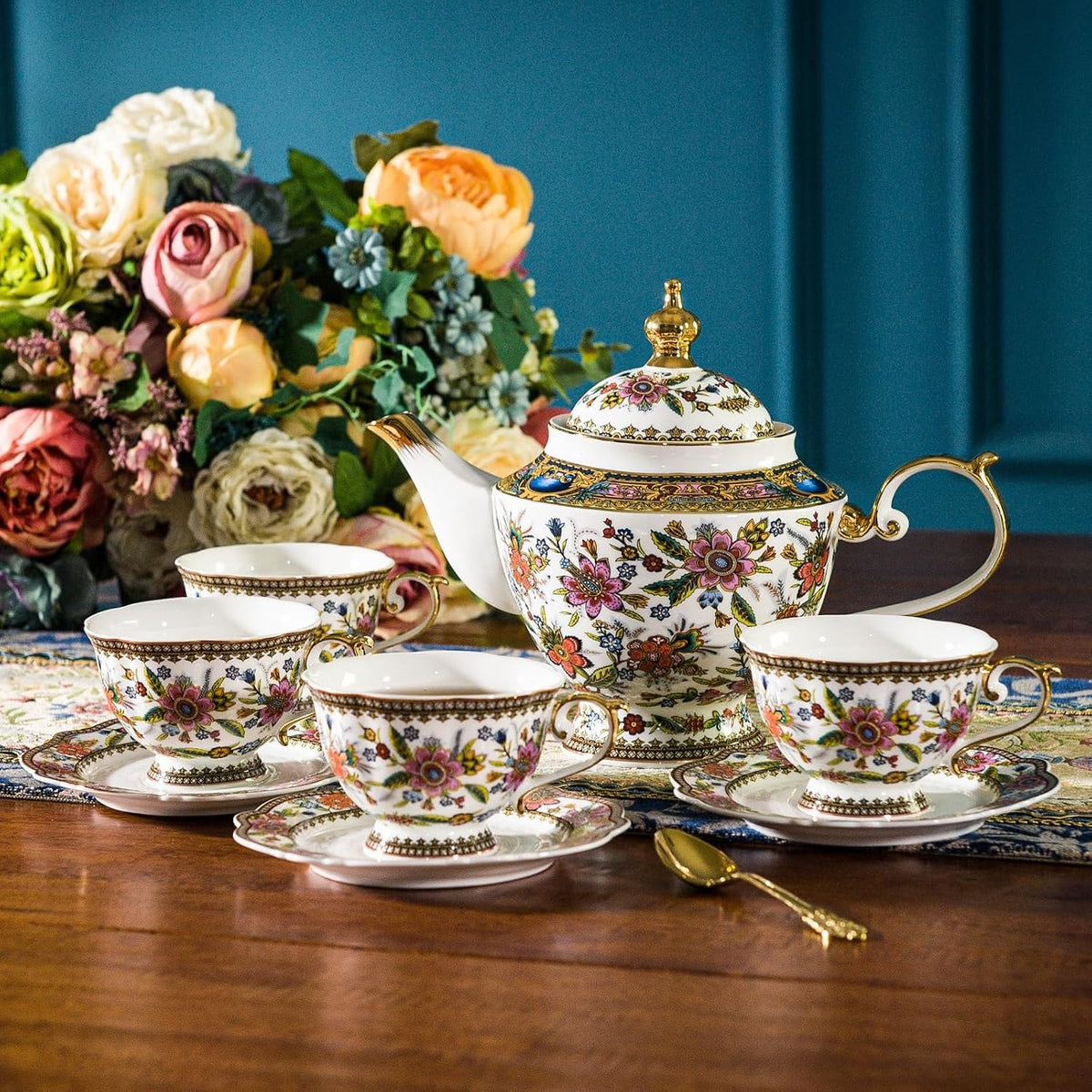 Fine Bone China Tea Set, 13-Piece English Tea Set for Adults, Afternoon Tea Sets for Women Tea Party or Gift Giving, Pink and Gold