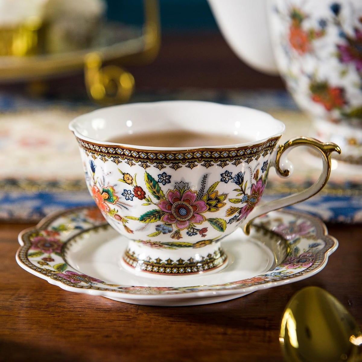 Fine Bone China Tea Set, 13-Piece English Tea Set for Adults, Afternoon Tea Sets for Women Tea Party or Gift Giving, Pink and Gold