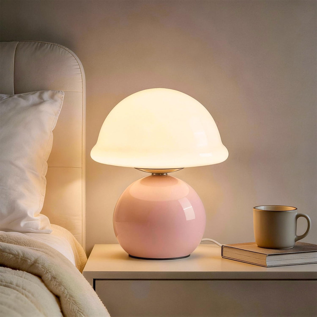 Glass Mushroom Lamp, Dimmable Bedside Table Lamp (Pink)