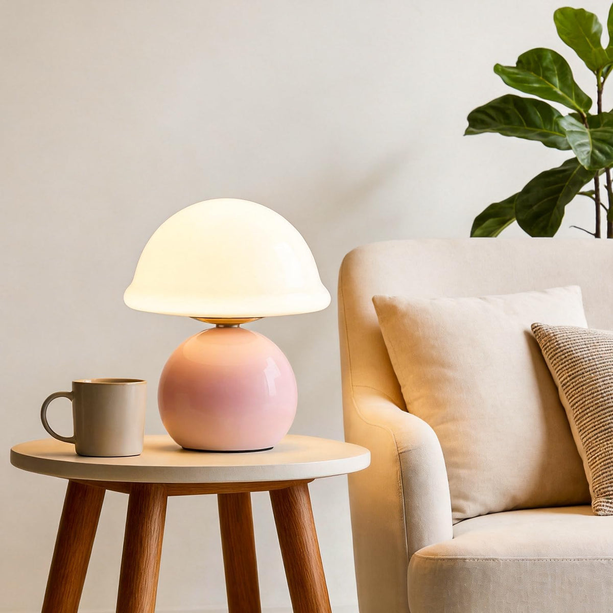 Glass Mushroom Lamp, Dimmable Bedside Table Lamp (Pink)