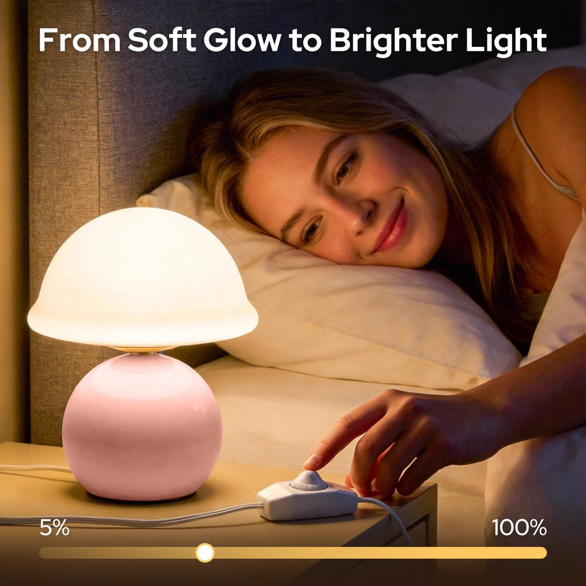 Glass Mushroom Lamp, Dimmable Bedside Table Lamp (Pink)