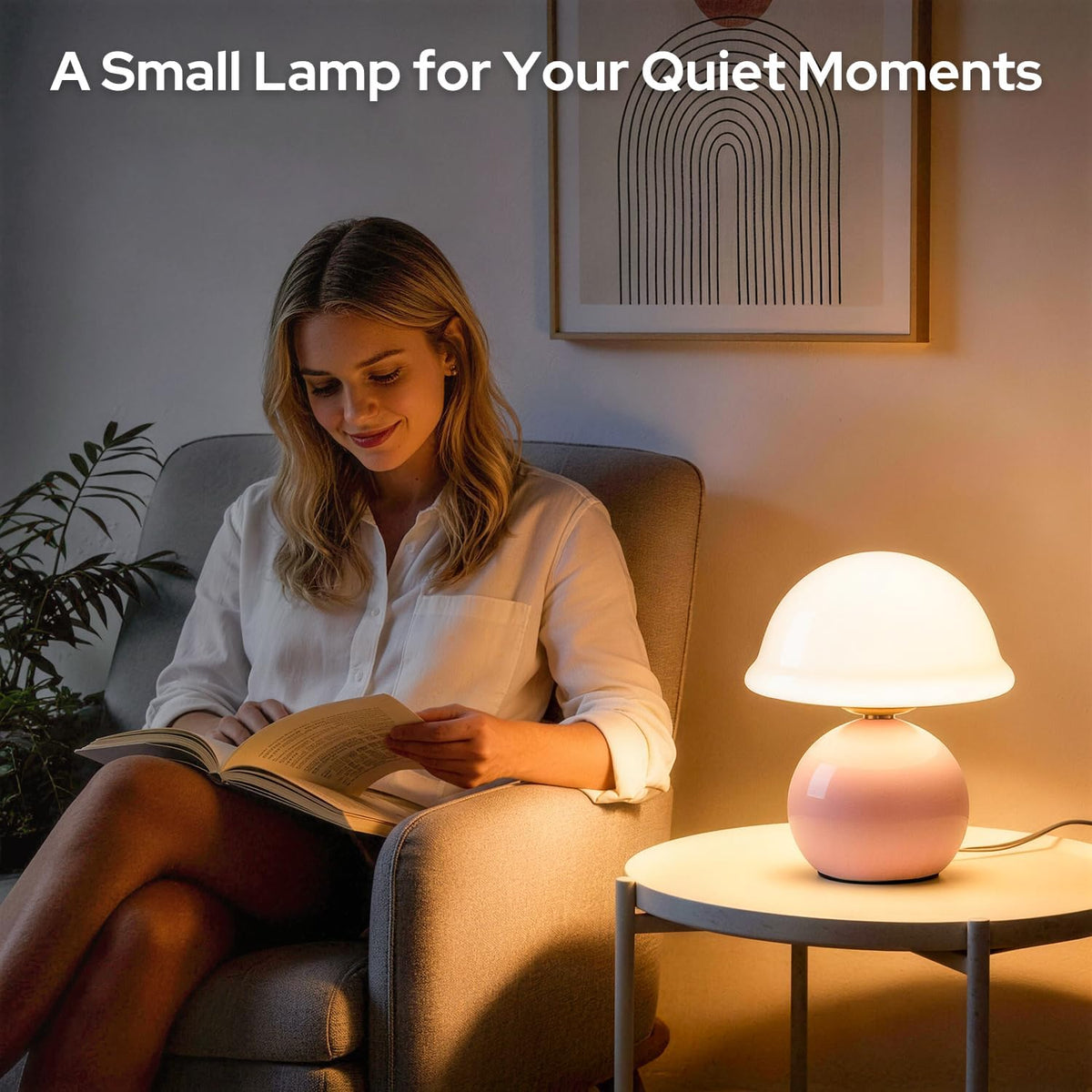 Glass Mushroom Lamp, Dimmable Bedside Table Lamp (Pink)