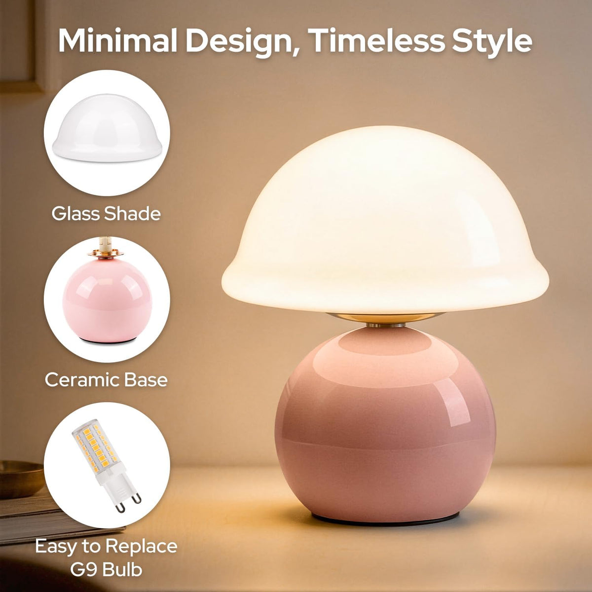 Glass Mushroom Lamp, Dimmable Bedside Table Lamp (Pink)