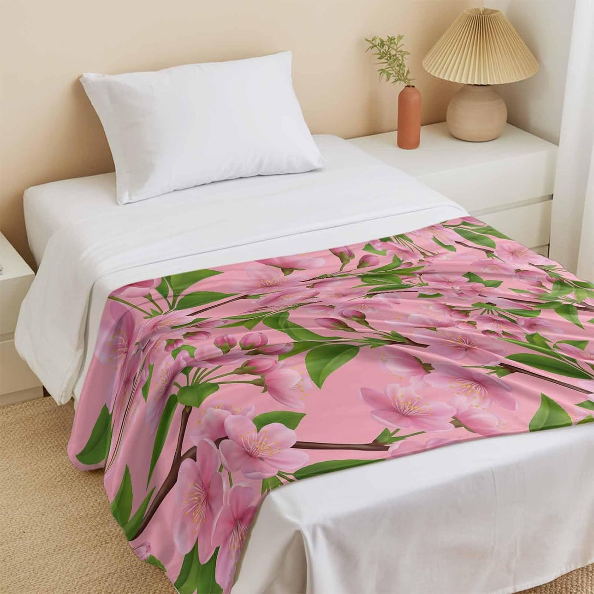 Cooling Blanket for Hot Sleepers, Pink Peach Flowers Lightweight Breathable Summer Blanket, Spring Botanical Watercolor Floral Leaf Double-Side Cool Throw Blankets for Sleeping Travel, 30"x40"