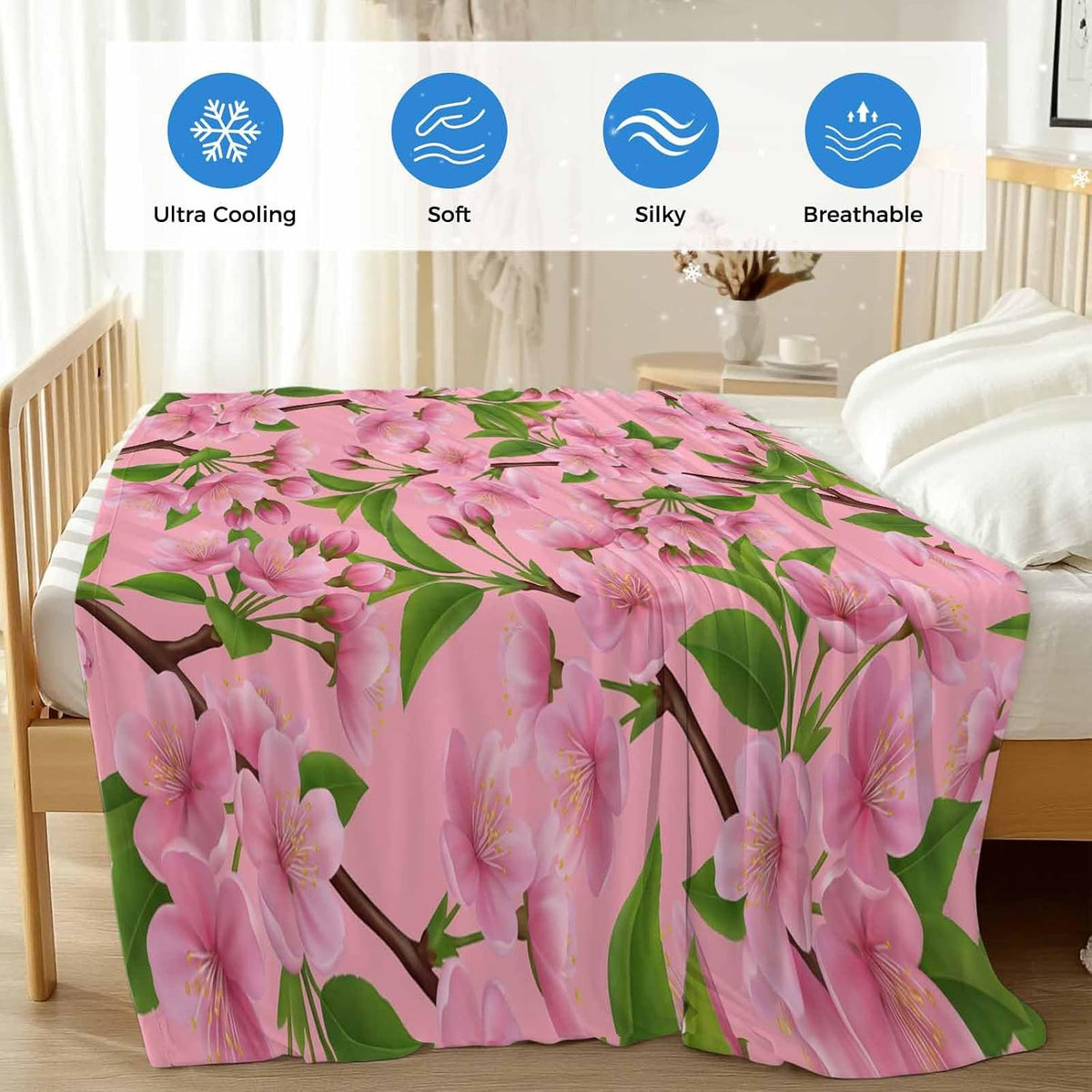 Cooling Blanket for Hot Sleepers, Pink Peach Flowers Lightweight Breathable Summer Blanket, Spring Botanical Watercolor Floral Leaf Double-Side Cool Throw Blankets for Sleeping Travel, 30"x40"
