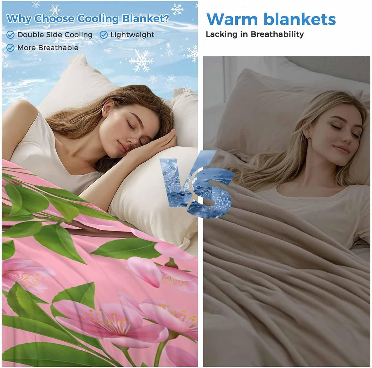 Cooling Blanket for Hot Sleepers, Pink Peach Flowers Lightweight Breathable Summer Blanket, Spring Botanical Watercolor Floral Leaf Double-Side Cool Throw Blankets for Sleeping Travel, 30"x40"