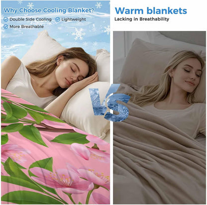 Cooling Blanket for Hot Sleepers, Pink Peach Flowers Lightweight Breathable Summer Blanket, Spring Botanical Watercolor Floral Leaf Double-Side Cool Throw Blankets for Sleeping Travel, 30"x40"