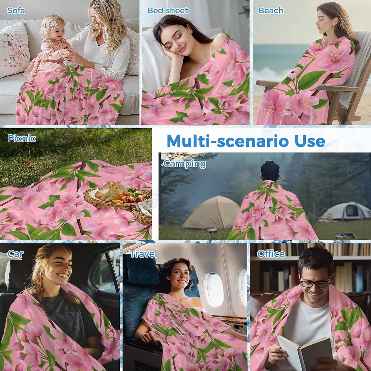 Cooling Blanket for Hot Sleepers, Pink Peach Flowers Lightweight Breathable Summer Blanket, Spring Botanical Watercolor Floral Leaf Double-Side Cool Throw Blankets for Sleeping Travel, 30"x40"