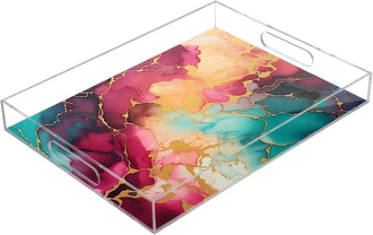 Plastic Food Serving Tray Decorative Vanity Trays for Bathroom Marble Pink Green Coffee Table Kitchen Counter 11.8 * 15.7in