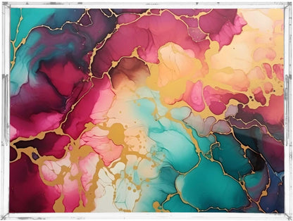 Plastic Food Serving Tray Decorative Vanity Trays for Bathroom Marble Pink Green Coffee Table Kitchen Counter 11.8 * 15.7in