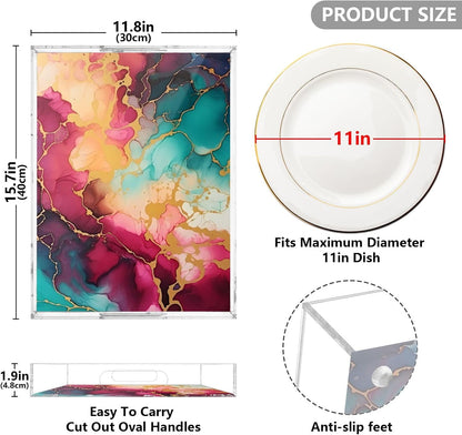 Plastic Food Serving Tray Decorative Vanity Trays for Bathroom Marble Pink Green Coffee Table Kitchen Counter 11.8 * 15.7in