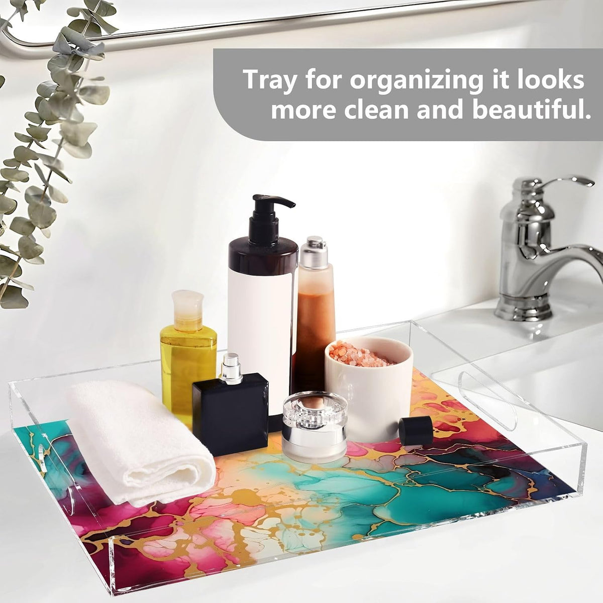 Plastic Food Serving Tray Decorative Vanity Trays for Bathroom Marble Pink Green Coffee Table Kitchen Counter 11.8 * 15.7in