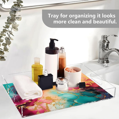 Plastic Food Serving Tray Decorative Vanity Trays for Bathroom Marble Pink Green Coffee Table Kitchen Counter 11.8 * 15.7in