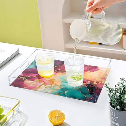 Plastic Food Serving Tray Decorative Vanity Trays for Bathroom Marble Pink Green Coffee Table Kitchen Counter 11.8 * 15.7in
