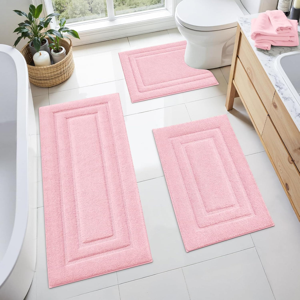 Light Pink Bathroom Rugs Set of 3, Non Slip Bath Runners