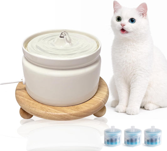 Ceramic Cat Water Fountain, 1L/32oz Automatic Pet Drinking Fountain | Quiet USB Powered Pump, Triple Filtration | BPA-Free, Easy to Clean & Dishwasher Safe | for Cats & Small Dogs
