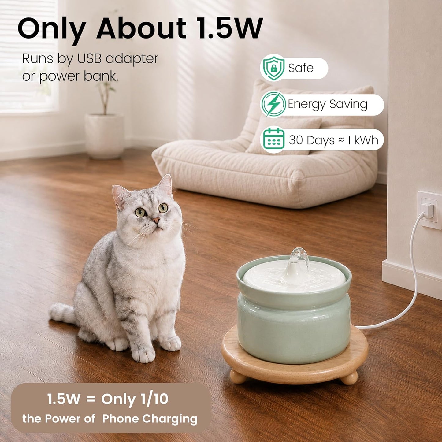 Ceramic Cat Water Fountain, 1L/32oz Automatic Pet Drinking Fountain | Quiet USB Powered Pump, Triple Filtration | BPA-Free, Easy to Clean & Dishwasher Safe | for Cats & Small Dogs