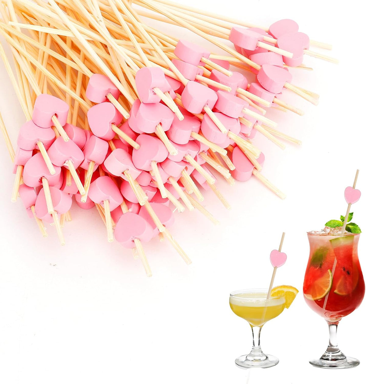 Pink Heart Cocktail Picks, 100PCS Toothpicks for Appetizers, 4.72 Inch Valentines Fancy Picks for Food, Bamboo Food Sandwich Skewers Drink Dessert for Valentine's Day Wedding Party Decoration Supplies