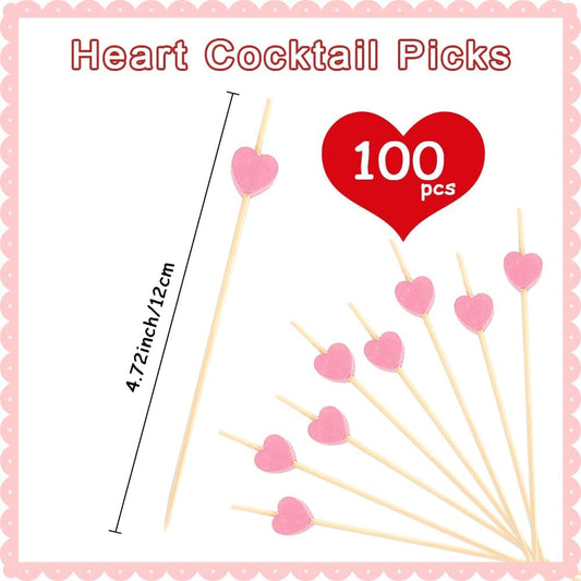 Pink Heart Cocktail Picks, 100PCS Toothpicks for Appetizers, 4.72 Inch Valentines Fancy Picks for Food, Bamboo Food Sandwich Skewers Drink Dessert for Valentine's Day Wedding Party Decoration Supplies