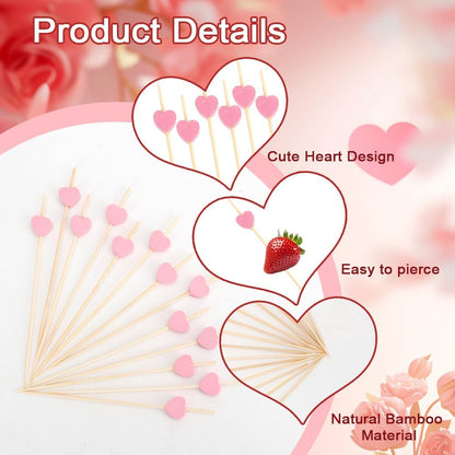 Pink Heart Cocktail Picks, 100PCS Toothpicks for Appetizers, 4.72 Inch Valentines Fancy Picks for Food, Bamboo Food Sandwich Skewers Drink Dessert for Valentine's Day Wedding Party Decoration Supplies