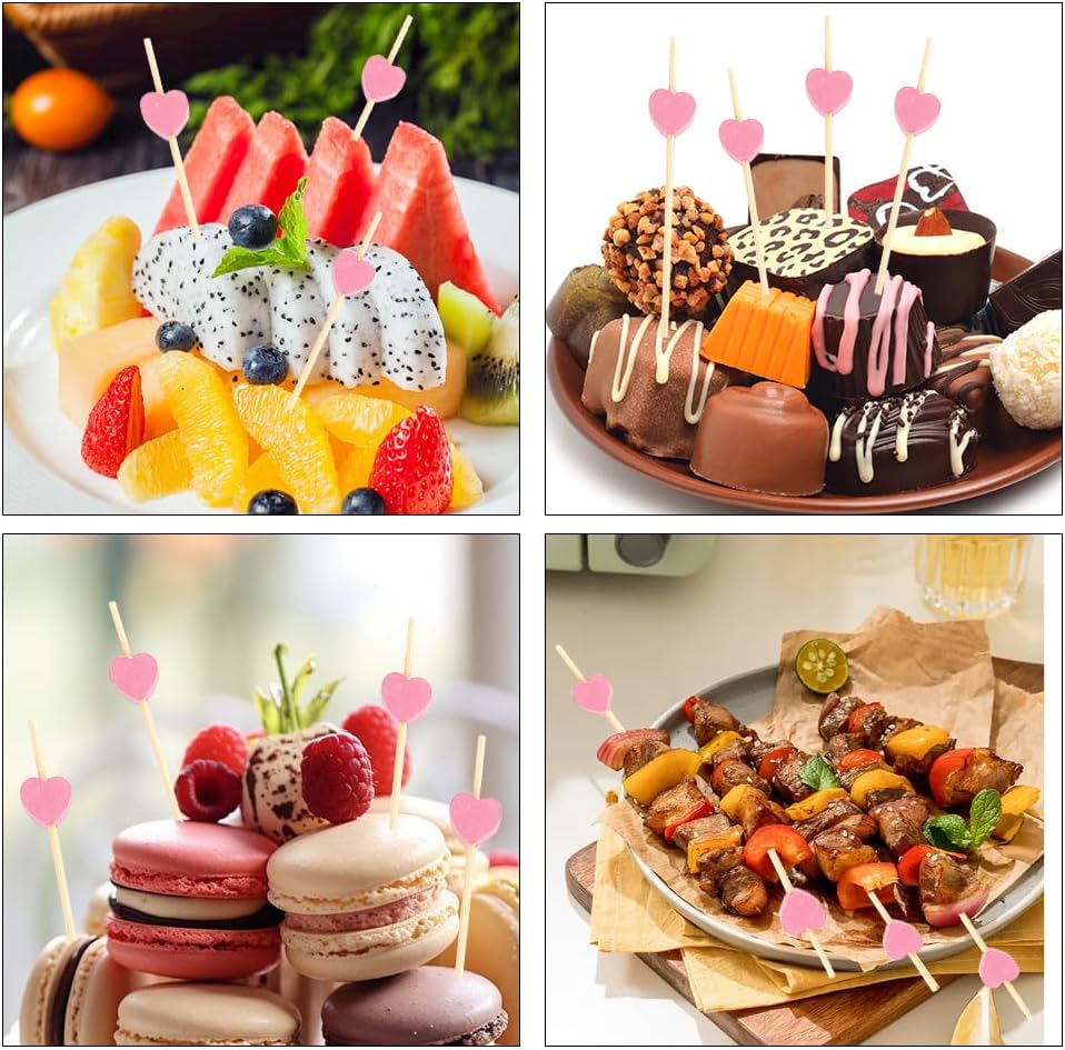 Pink Heart Cocktail Picks, 100PCS Toothpicks for Appetizers, 4.72 Inch Valentines Fancy Picks for Food, Bamboo Food Sandwich Skewers Drink Dessert for Valentine's Day Wedding Party Decoration Supplies