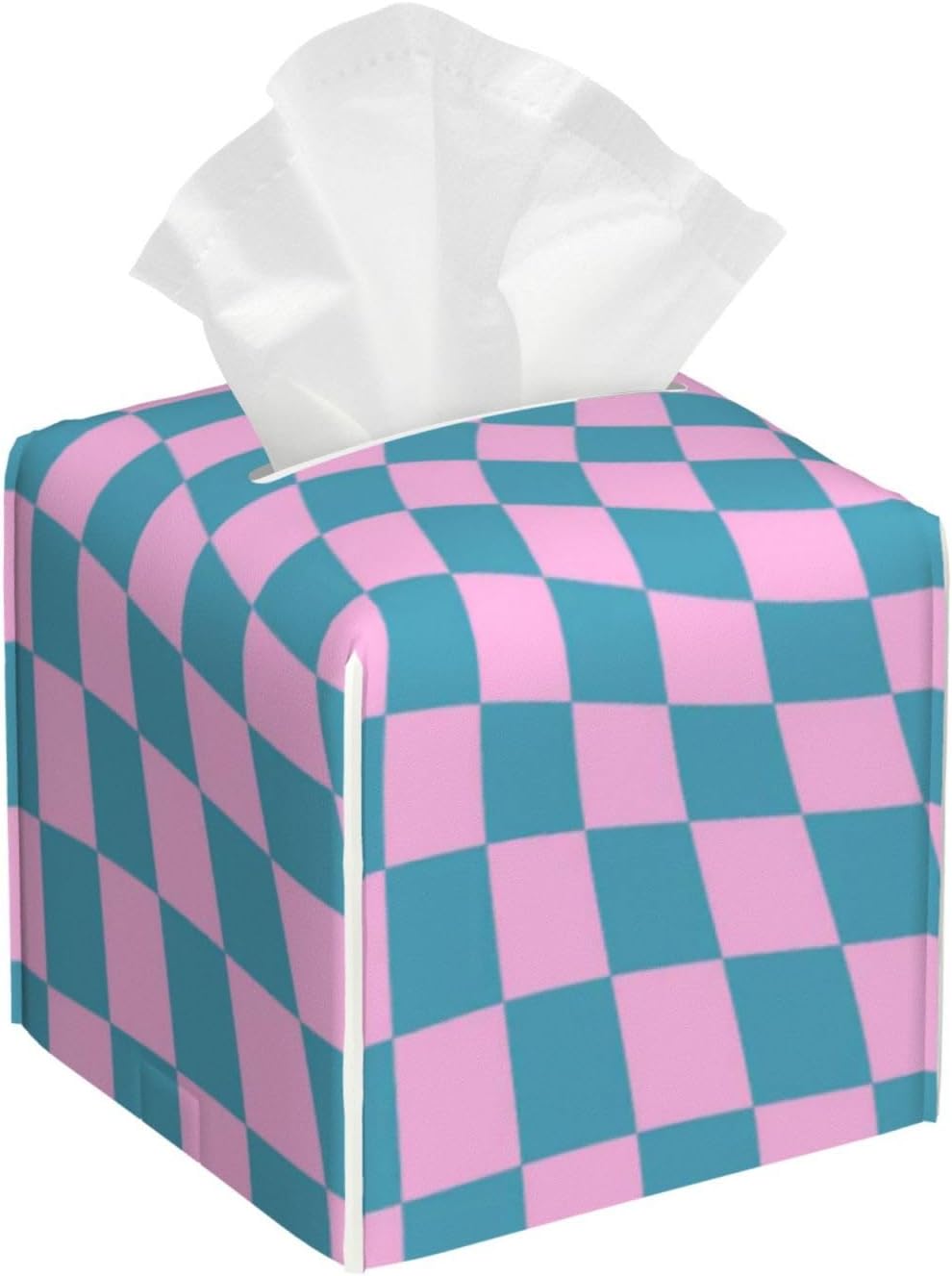 Blue Pink Checkered Warped Checkerboard Tissue Box Cover Square PU Leather Tissue Holder for Tabletop, Bathroom, Office