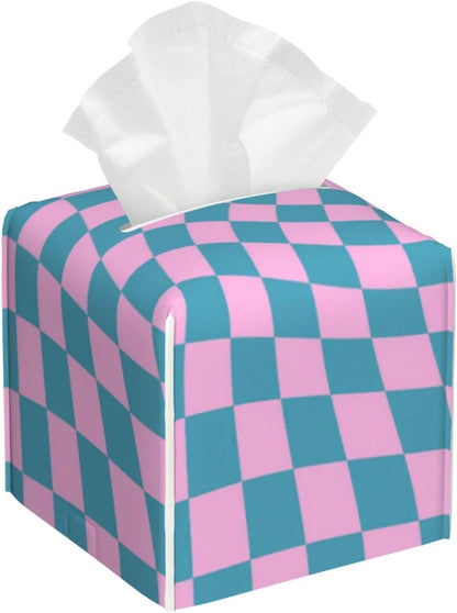 Blue Pink Checkered Warped Checkerboard Tissue Box Cover Square PU Leather Tissue Holder for Tabletop, Bathroom, Office