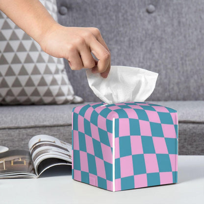 Blue Pink Checkered Warped Checkerboard Tissue Box Cover Square PU Leather Tissue Holder for Tabletop, Bathroom, Office