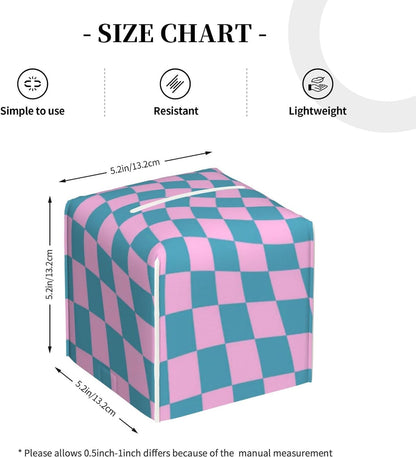 Blue Pink Checkered Warped Checkerboard Tissue Box Cover Square PU Leather Tissue Holder for Tabletop, Bathroom, Office