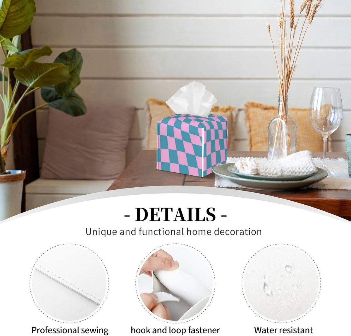 Blue Pink Checkered Warped Checkerboard Tissue Box Cover Square PU Leather Tissue Holder for Tabletop, Bathroom, Office