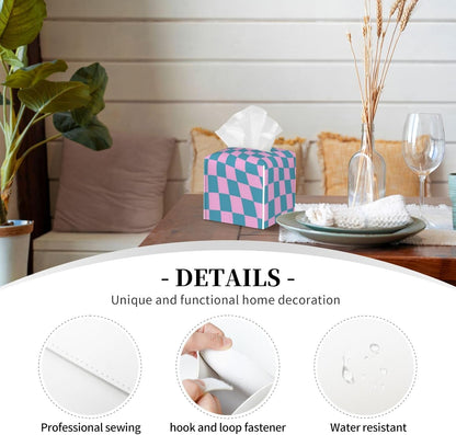Blue Pink Checkered Warped Checkerboard Tissue Box Cover Square PU Leather Tissue Holder for Tabletop, Bathroom, Office