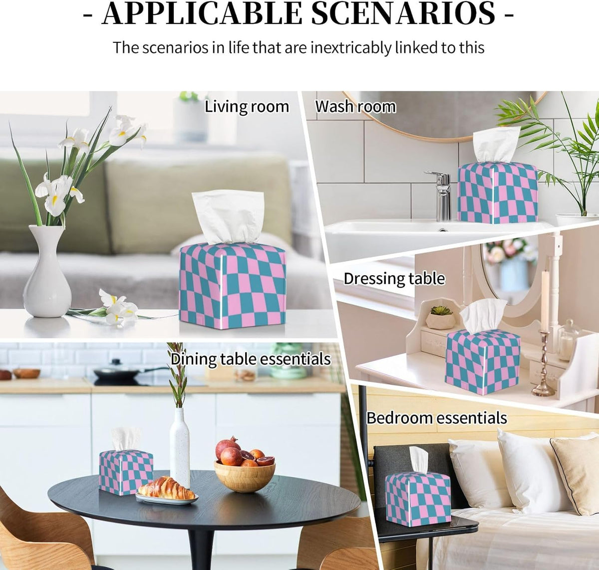 Blue Pink Checkered Warped Checkerboard Tissue Box Cover Square PU Leather Tissue Holder for Tabletop, Bathroom, Office