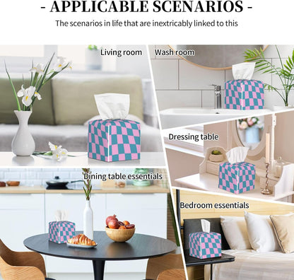 Blue Pink Checkered Warped Checkerboard Tissue Box Cover Square PU Leather Tissue Holder for Tabletop, Bathroom, Office