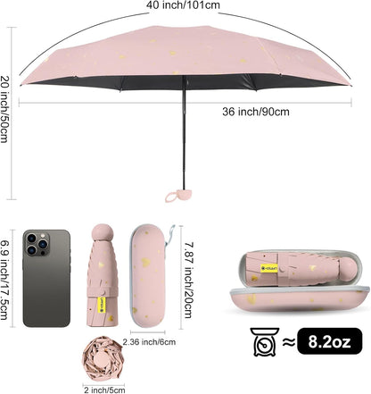 Mini Travel Umbrella, UPF 50+ Purse Umbrella with Case and Carabiner